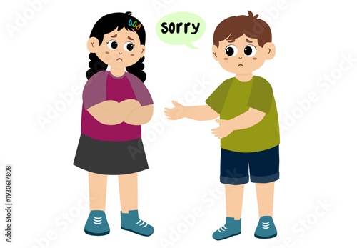 Cute little kid apologizing, vector illustration. Little kid saying sorry