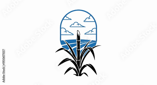 Stylized sugarcane stalks against a blue oval frame with clouds above