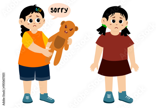 Cute little kid apologizing, vector illustration. Little kid saying sorry