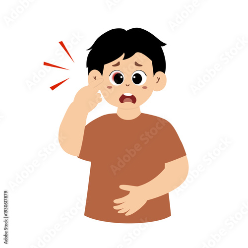 Cute little kid pointing at his sore eye. Eye pain theme. Vector illustration