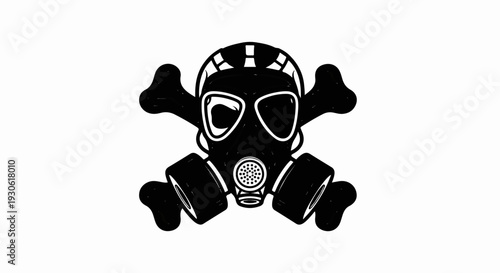 Stylized skull and crossbones formed by a gas mask and bones
