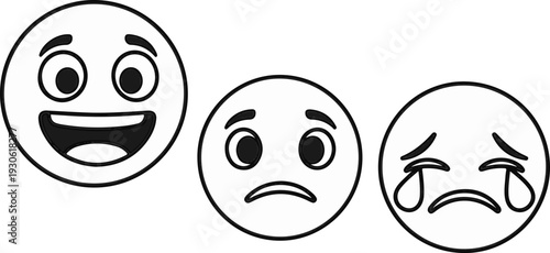 Three cartoon faces showing different emotions happy, sad, and crying