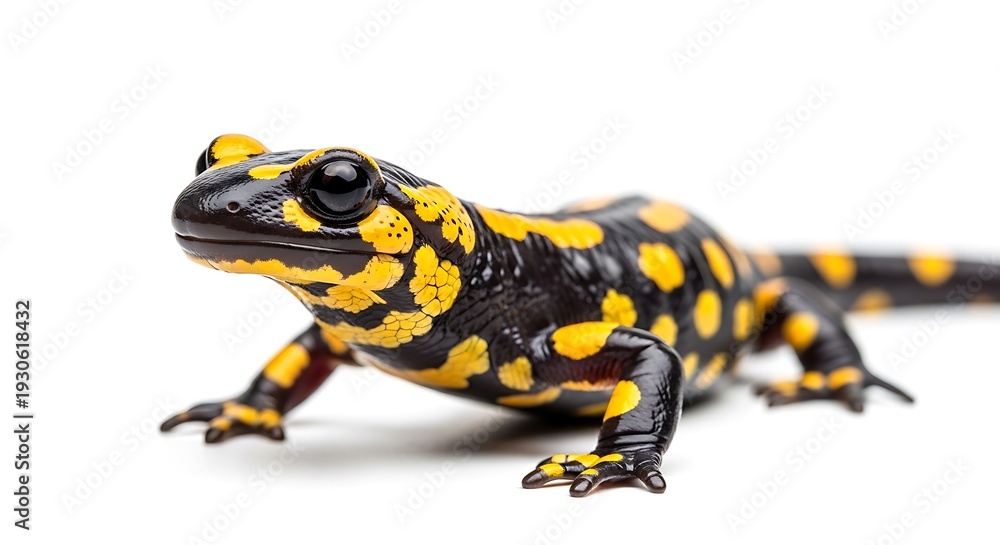 Fototapeta premium Fire salamander with black and yellow spots on white background