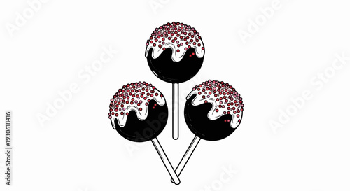 Three circular dark treats on sticks, topped with white glaze and colorful sprinkles