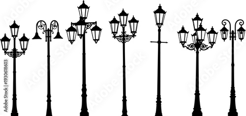 Collection of vintage street lamps on white background