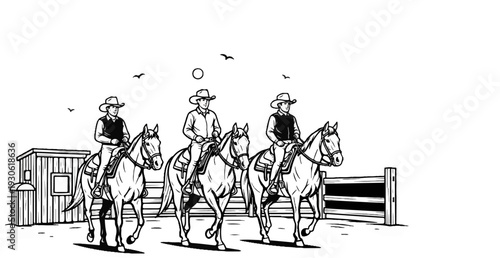 Three cowboys ride horses past a wooden building and fence under a bright sun