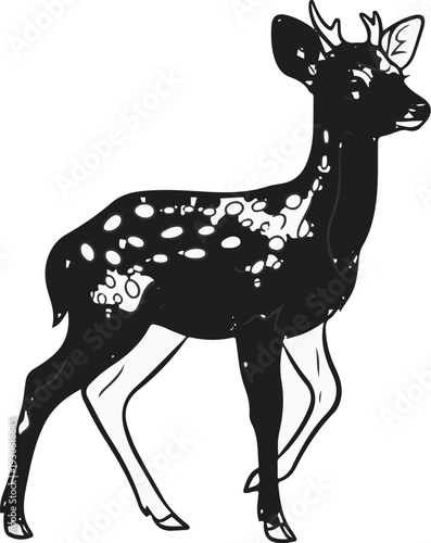 Stylized spotted deer with dark body and white spots, outlined in black