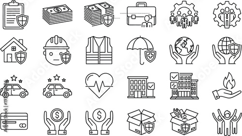 Insurance Protection Line Icon Set with Home, Health, Car, Business, Money, Shield, and Security Outline Symbols for Financial Services Design