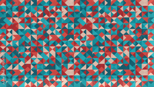 Seamless geometric triangle pattern background featuring a colorful retro mosaic design in teal, red, and pink perfect for modern textile fabric, wrapping paper, and abstract wallpaper