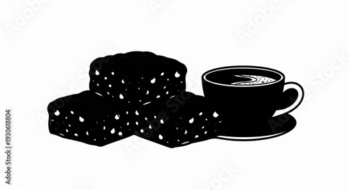 Three dark pastries sit next to a cup of coffee on a saucer