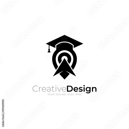 modern academy choice logo, pin, hat and arrow design vector with flat style in black color