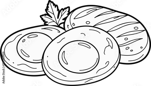 Three fried eggs and a garnish of parsley in a black and white illustration