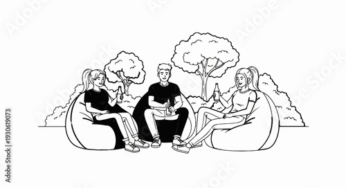 Three friends relaxing outdoors on beanbags, enjoying drinks