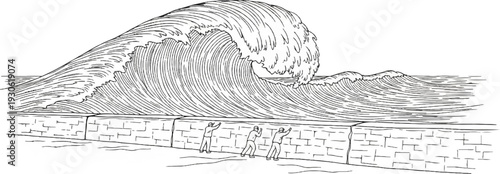 Three figures brace against a large, powerful wave breaking over a brick wall