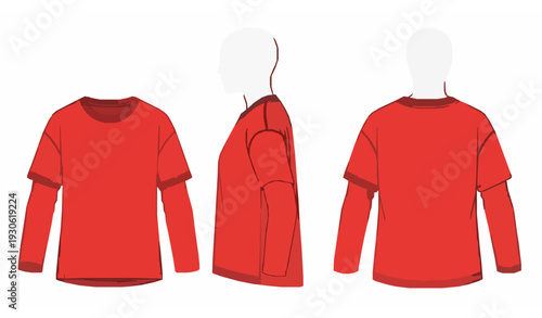 Unisex Red Crew Neck T-Shirt Flat Sketch Technical CAD Mockup