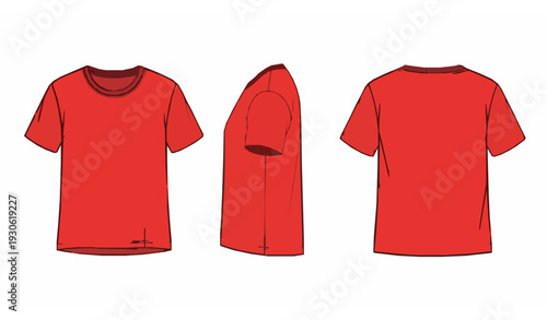 Red Classic Crew Neck T-Shirt Flat Technical Drawing Unisex CAD Vector Template