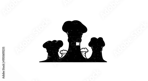 Three industrial chimneys emitting smoke on a white background