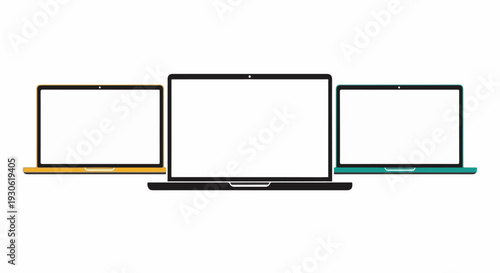 Three modern laptop computers, one black, one yellow, one teal, displayed side by side