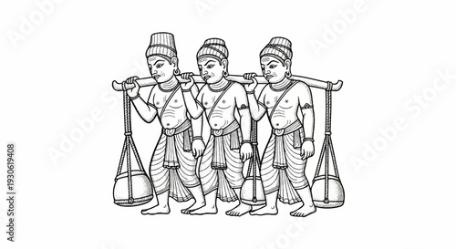 Three men in traditional attire carrying burdens on a yoke