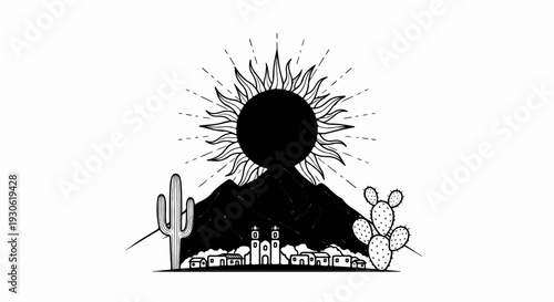 Stylized desert landscape with sun, mountains, village and cacti