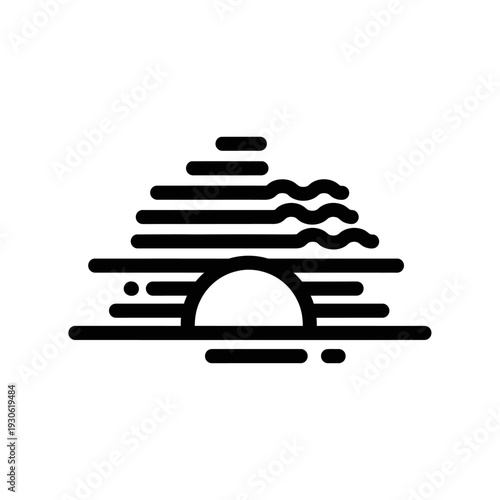 Minimalist Sunset Illustration Over the Water with Stylized Clouds and Horizon