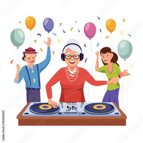 Elderly dj entertains party guests with balloons