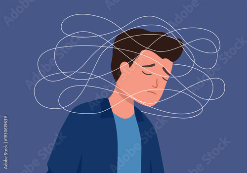 Brain fog man - Mental health vector illustration of person suffering from burnout and depression. Flat design vector illustration