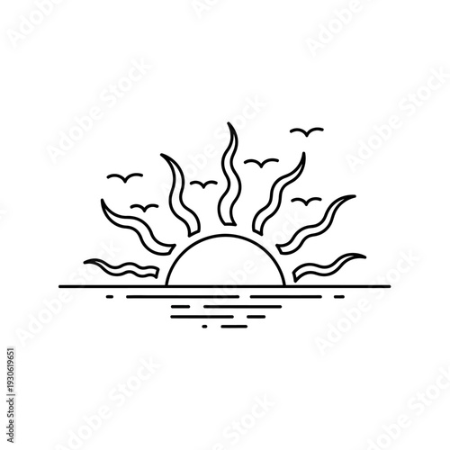 Minimalist Sunset Illustration with Abstract Sun Rays and Calm Water Scene