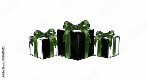 Three rectangular boxes, two smaller flanking a larger one, decorated with green ribbons