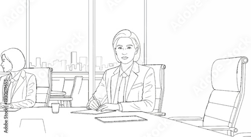 Three professionals in suits seated at a conference table in an office