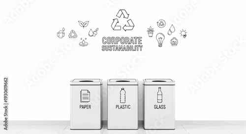 Three recycling bins for paper, plastic, and glass under sustainability icons