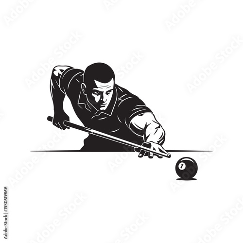 Billiard player aiming at ball with cue stick silhouette vector illustration
