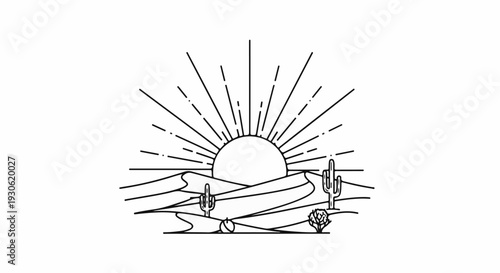 Stylized desert landscape with sunbeams, cacti, and sand dunes