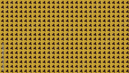 Seamless retro pixel art pattern background featuring dark brown geometric blocks on mustard yellow perfect for vintage video game themes, textile fabric, and playful wallpaper