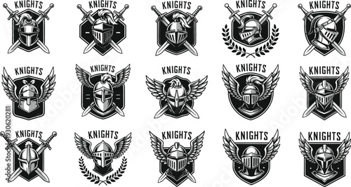 Knights Mascot Logo Collection with Medieval Helmet, Crossed Swords, Wings and Shield Emblems for Esports Team Branding and Gaming Club Identity Design