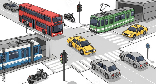 City Street with Vehicles and Traffic.