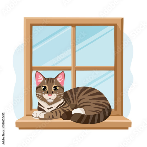 Cat resting on window sill cartoon illustration