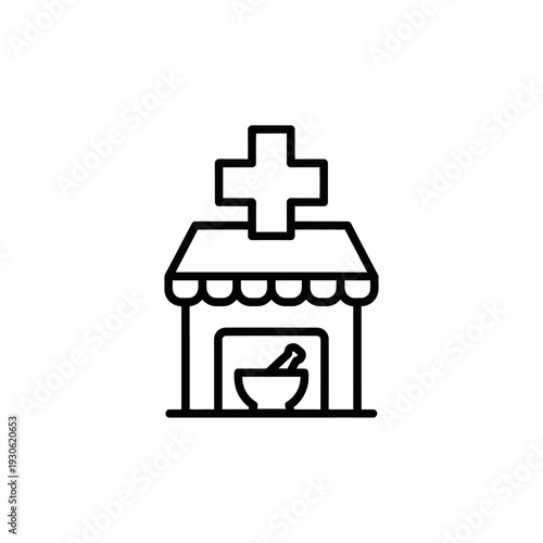 Minimalist Pharmacy Storefront Icon with Cross and Bowl Illustration