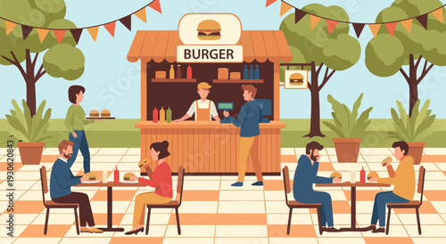 Outdoor burger stand vector illustration showing people enjoying food in a casual setting