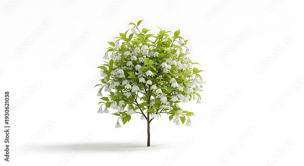 Obraz premium Flowering tree with white bell flowers and green leaves isolated