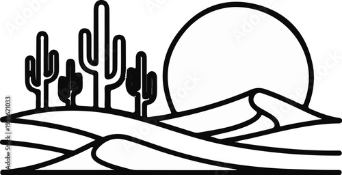 Stylized desert scene with cacti and a large sun over sand dunes