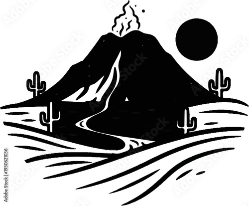 Stylized desert scene featuring an erupting volcano, cacti, and a river under a large sun