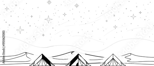 Stylized desert scene with tents under a starry sky