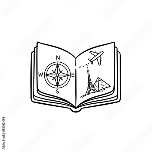 Travel Planning Concept with Open Book Featuring Compass and Paris Landmarks