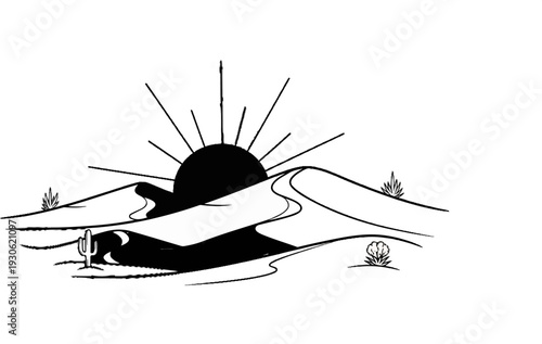 Stylized desert sunrise over sand dunes with sparse vegetation