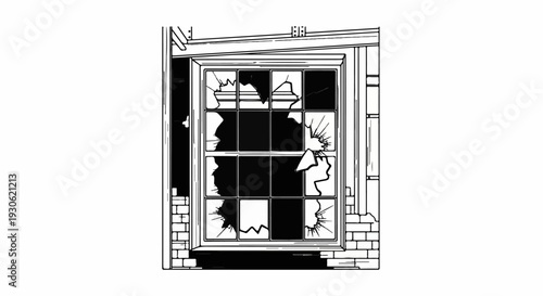 Stylized drawing of a broken window with multiple shattered panes