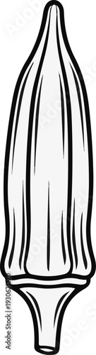 Stylized drawing of a closed, elongated pod with ribbed texture and flared base