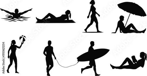 Beach activity silhouettes, swimming figure, sunbathing person, walking pose, umbrella shade, beach ball play, dog walking, surfboard running, reading book, cad drawing flat vector illustration
