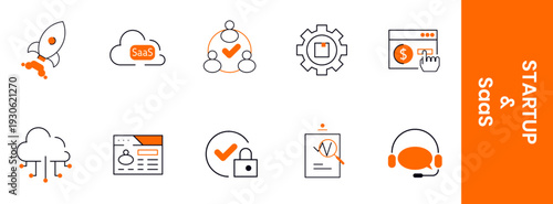 Startup and SaaS icon set featuring cloud services, team approval, security, payments, analytics, and customer support in clean outline style with orange accents.