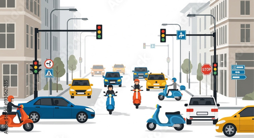 City Street with Scooters and Cars.